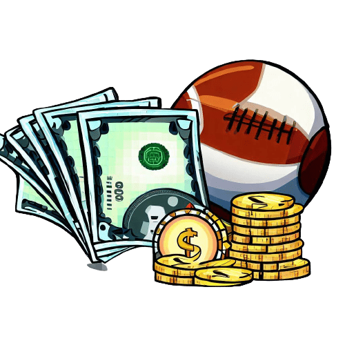 Un pallone da football americano, monete e banconote