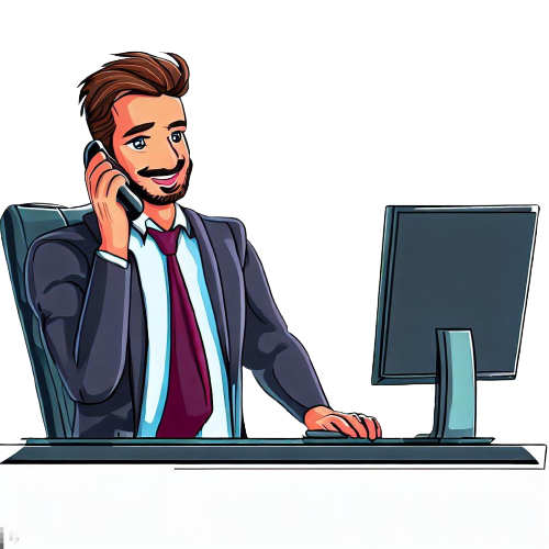 Un uomo (un broker) davanti a un computer al telefono
