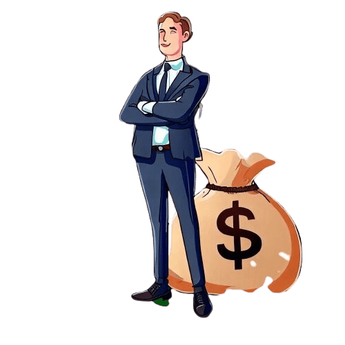 Un uomo in giacca e cravatta in piedi con una borsa di denaro ai piedi