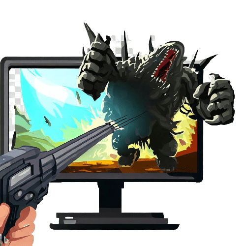 Una mano che impugna un'arma puntata su un mostro in un computer