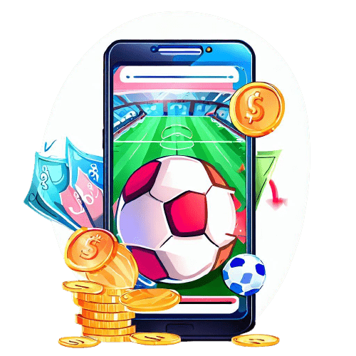 Un telefono che mostra un campo da calcio, palloni e monete da un dollaro