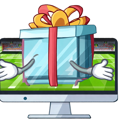Confezioni regalo su un campo da calcio e uscite da un computer