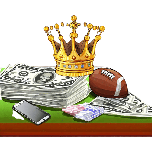 Una corona da re, mazzette di denaro, un telefono e un pallone da football americano.