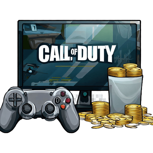 Un computer con sopra scritto Call of Duty, un joystick e alcune monete d'argento.
