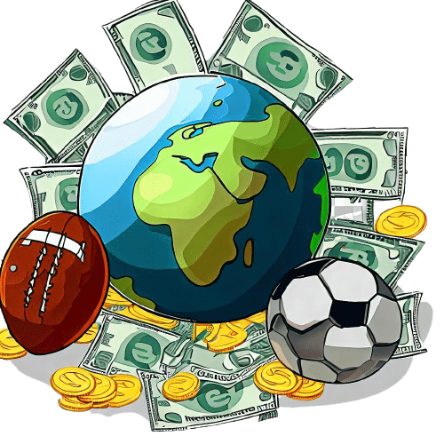Un globo circondato da due palloni da calcio, monete e banconote